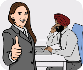 Man with a turban in front of a laptop at work and a standing woman thumbs up